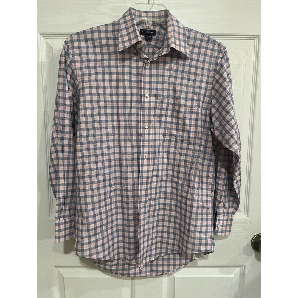 Lands' End Mens Button-up Long-sleeve Shirt. Size 15-32 100% Cotton,  Pink Plaid